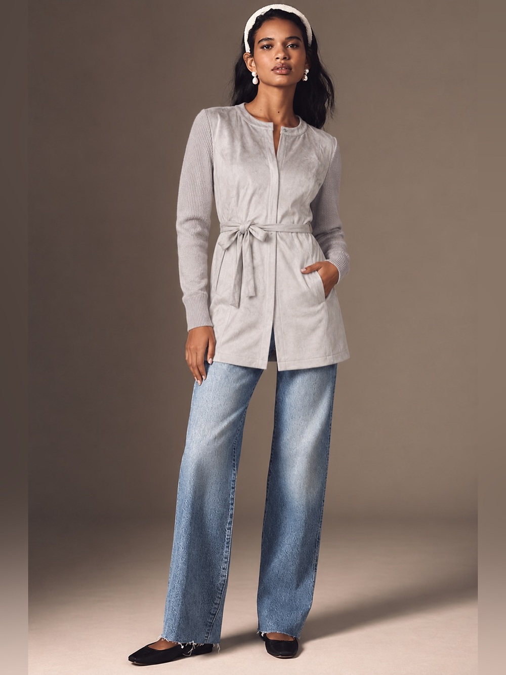 H by Halston Faux Suede Jacket Knit Sleeves Gray